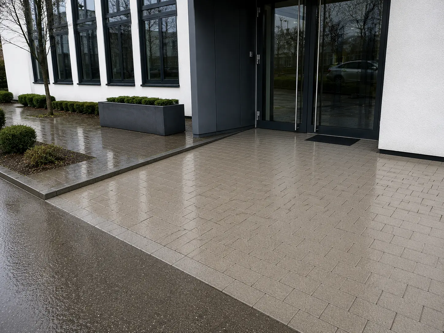 Sauberes Pflaster am Gewerbeeingang nach professioneller Pflastersteinreinigung in Rostock